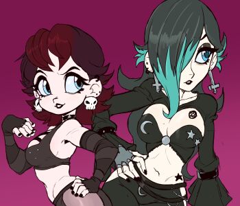2girls bare_shoulders black_lips blue_eyes breasts brown_hair cleavage cleft_of_venus cross detached_sleeves earrings goth_fashion green_hair highres inverted_cross jewelry large_breasts mario_(series) multiple_girls navel nintendo pentagram princess_daisy rosalina skull_earrings teevo