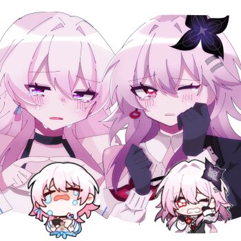 2girls chibi choker commentary crying earrings evernight_(honkai:_star_rail) flower gloves hair_flower hair_ornament hairclip highres honkai:_star_rail honkai_(series) jewelry long_hair march_7th_(honkai:_star_rail) march_7th_(preservation)_(honkai:_star_rail) multicolored_eyes multiple_girls parallel_hairclips pink_hair red_eyes sei10_bidoku single_earring sticker two-tone_eyes