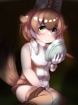 1girl absurdres animal_ear_fluff animal_ears blush borrowed_clothes breasts brown_hair brown_panties brown_thighhighs closed_mouth commentary_request dhole_(kemono_friends) dog_ears dog_girl dog_tail feet_out_of_frame female_masturbation gloves grey_hat hat helmet highres holding holding_unworn_clothes holding_unworn_hat kemono_friends looking_at_viewer masturbation medium_breasts panties panties_around_leg pith_helmet shirt short_hair sleeveless sleeveless_shirt solo tail takara_(takara0508) thighhighs underwear unworn_hat unworn_headwear white_gloves white_shirt yellow_eyes