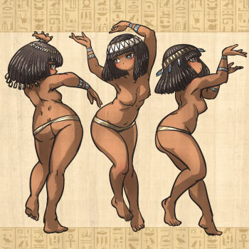 3girls ancient_egyptian ancient_egyptian_clothes arms_up barefoot belt blunt_bangs blush bracelet breasts brown_hair closed_mouth commentary dancing dark-skinned_female dark_skin english_commentary facing_away facing_to_the_side facing_viewer feather_hair_ornament feathers full_body gold_belt grey_eyes hair_ornament headdress hieroglyphics highres ironlily jewelry looking_at_another looking_at_viewer looking_back looking_to_the_side medium_breasts multiple_girls naked_belt navel nipples nude original tan tassel tassel_hair_ornament