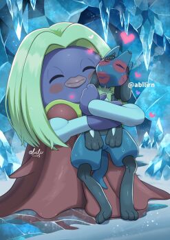 Rule 34 | @ @, absurdres, artist name, black fur, blonde hair, blue fur, blush stickers, cave interior, closed eyes, colored skin, dress, gen 1 pokemon, gen 4 pokemon, heart, highres, hug, ice, jynx, lipstick mark, lipstick mark on face, lucario, nintendo, pokemer, pokemon, pokemon (creature), purple skin, red dress, signature
