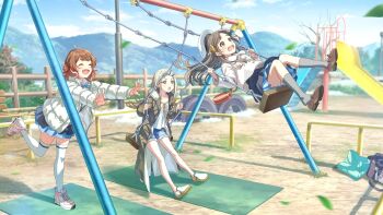 3girls bag bench blonde_hair brown_eyes brown_hair bush buttons cloud coat fence forehead fur_trim gakuen_idolmaster game_cg hair_ornament hairclip hanami_ume hat idolmaster kneehighs kuramoto_china layered_skirt leaf mountainous_horizon multicolored_hair multiple_girls neck_ribbon official_art one_leg_raised open_mouth park pushing railing red_hair ribbon school_bag shinosawa_hiro shoe_soles short_shorts shorts sitting skirt slide snow socks sparkling_eyes stairs swing_set thighhighs tree wheel white_thighhighs