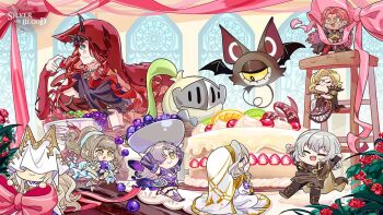 Rule 34 | 3boys, 4girls, artist request, blonde hair, blue eyes, bow, bowl, cake, character request, closed eyes, closed mouth, commentary, copyright name, english commentary, flower, food, fruit, grapes, hair over one eye, holding, holding bowl, hood over eyes, kiwi (fruit), long hair, multiple boys, multiple girls, onion, open mouth, pink bow, pink hair, red flower, red hair, red hood, silver and blood, smile, spilling, strawberry, torn clothes, white hood, yellow eyes