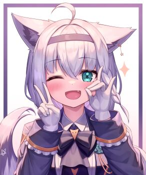 1girl ;d ahoge animal_ears aqua_eyes black_hairband blush braid deaver fang fox_ears fox_girl fox_shadow_puppet fox_tail gloves hair_between_eyes hairband hands_up highres hololive long_sleeves looking_at_viewer one_eye_closed open_mouth shirakami_fubuki shirakami_fubuki_(parade_dress) single_braid smile solo tail upper_body v virtual_youtuber white_gloves white_hair