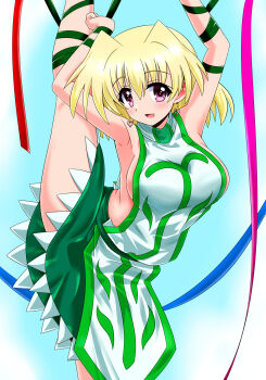 Rule 34 | 1girl, bdsm, blonde hair, blush, bondage, bound, breasts, dress, earrings, heart, heart earrings, highres, jewelry, large breasts, leg up, looking at viewer, lyrical nanoha, magical girl, mahou shoujo lyrical nanoha, mahou shoujo lyrical nanoha a&#039;s, mahou shoujo lyrical nanoha strikers, no bra, open mouth, purple eyes, shamal, short hair, sideboob, smile, solo, touya amagase