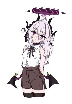 1girl blue_archive commentary e_v_e_neko halo heart highres hina_(blue_archive) horns long_hair purple_eyes shirt shorts simple_background sleeveless solo spoken_heart thighhighs white_background white_shirt wings