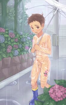 1boy bad_tag blush boots brown_eyes brown_hair erection exhibitionism flower foreskin hydrangea male_focus nipples nude original outdoors penis public_indecency public_nudity rain satou_(satohstc) see-through_clothes sex_toy shota solo testicles transparent transparent_umbrella umbrella uncensored vibrator walking zenra