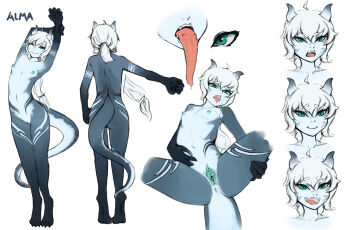 1girl anus aqua_eyes armpits blue_skin breasts reference_sheet colored_skin demon_girl facial_mark full_body furry furry_female highres horns low_ponytail multiple_views nipples nude original petite ponytail pussy seraziel short_hair simple_background spread_legs spread_pussy standing stretching tagme tail tongue tongue_out uncensored white_background white_hair