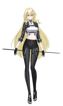 Rule 34 | 1girl, absurdres, black gloves, black leggings, blonde hair, blue eyes, breasts, cane, crop top, cy7989, full body, gloves, hair between eyes, hair ornament, hairclip, high-waist leggings, highres, holding, holding cane, leggings, long hair, looking at viewer, medium breasts, midriff, original, solo, very long hair, white background