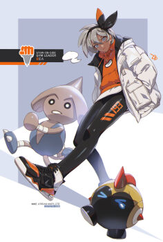 >_< 1girl air_jordan bea_(pokemon) blue_eyes character_name dark-skinned_female dark_skin english_text falinks gen_2_pokemon gen_8_pokemon grey_hair gym_leader hairband hands_in_pockets headband highres hitmontop hood hoodie jacket looking_at_viewer nike_(company) nintendo open_clothes open_jacket orange_hoodie pokemon pokemon_(creature) pokemon_swsh shoes short_hair sneakers white_jacket zombeing