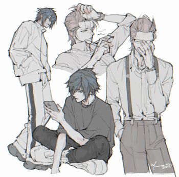 Rule 34 | 2boys, arm up, black hair, black pants, blonde hair, cellphone, collared shirt, commentary request, crew neck, cropped torso, dadadadadaist, final fantasy, final fantasy xv, glasses, grey shirt, hand in pocket, hand on own face, highres, holding, holding phone, holding removed eyewear, ignis scientia, iphone, jacket, long sleeves, male focus, multiple boys, noctis lucis caelum, open clothes, open shirt, pants, parted hair, phone, shirt, shirt tucked in, short sleeves, signature, simple background, smartphone, suspenders, unworn eyewear, white background, wing collar, wristband