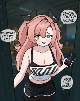 1girl absurdres adapted_costume arutemisu180 bare_shoulders black_ribbon black_shorts black_thighhighs blurry blurry_background breasts cleavage collarbone commentary cowboy_shot crop_top crying crying_with_eyes_open doorway english_commentary english_text green_eyes highres holding holding_phone indoors large_breasts long_hair looking_at_viewer mole mole_on_breast mole_under_eye nicole_demara open_mouth phone pink_hair pov_doorway ribbon short_eyebrows shorts solo speech_bubble standing sweatdrop tears thighhighs zenless_zone_zero