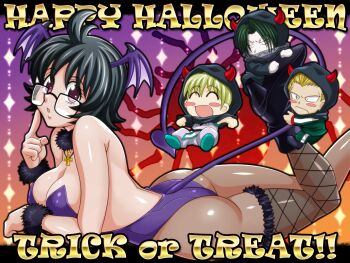 1girl 3boys alternate_costume ass black_eyes black_hair blonde_hair breasts cleavage closed_eyes demon_girl demon_tail devil english_text feitan_portor glasses halloween highres hoimin_(anchangdeath) hunter_x_hunter jewelry large_breasts looking_at_viewer medium_hair multiple_boys necklace pantyhose phinks_magcub purple_eyes shalnark shizuku_murasaki short_hair tagme tail