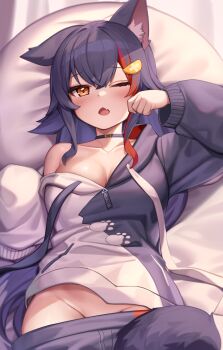 1girl animal_ear_fluff animal_ears black_choker black_hair black_hoodie breasts brown_eyes choker collarbone commentary_request deaver fang groin hair_between_eyes hair_ornament hairclip highres hololive hood hoodie large_breasts long_hair long_sleeves looking_at_viewer lying medium_breasts no_panties off_shoulder on_back on_bed one_eye_closed ookami_mio ookami_mio_(hoodie) open_mouth red_hair single_bare_shoulder skin_fang solo tail two-tone_hoodie very_long_hair virtual_youtuber white_hoodie wolf_ears wolf_tail