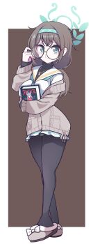 Rule 34 | 1girl, absurdres, adjusting eyewear, airi (blue archive), alternate costume, black hair, black pantyhose, black sweater, blue archive, blue eyes, book, breasts, brown background, brown cardigan, brown hair, brown slippers, cardigan, closed mouth, commentary, cosplay, crossed bangs, full body, glasses, green eyes, green hairband, green halo, green neckerchief, grey halo, hair between eyes, hair ribbon, hairband, halo, highres, holding, holding book, jewelry, layered sleeves, long hair, long sleeves, looking at viewer, low ponytail, low twintails, medium breasts, messy hair, neckerchief, necklace, off shoulder, open clothes, panatisia, pantyhose, ponytail, ribbon, round eyewear, school uniform, serafuku, sidelocks, sitting, slippers, smear frame, smile, solo, standing, sweat, sweater, symbol-only commentary, turtleneck, turtleneck sweater, twintails, ui (blue archive), ui (blue archive) (cosplay), white background, white serafuku