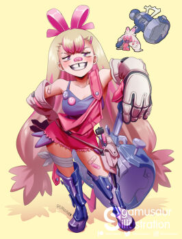 1girl armor armored_boots badge bandages bandaid bandaid_on_face bandaid_on_leg bandaid_on_nose black_tank_top blonde_hair blush boots bow breasts button_badge colored_bangs creature_and_personification eyelashes gamusaur gloves greaves grin hair_bow hair_ornament hair_ribbon hairclip hammer highres holding holding_hammer huge_weapon long_hair low-tied_long_hair mallet medium_breasts metal multicolored_hair nintendo overall_shorts overalls personification pink_bow pink_hair pink_overalls pink_ribbon pokemon pokemon_(creature) purple_eyes ribbon screwdriver smile standing suspenders suspenders_slip tank_top teeth tinkaton tools tooth_gap twintails two-tone_hair weapon wrench