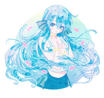 Rule 34 | 1girl, blue eyes, blue hair, bracelet, camisole, commentary, cowboy shot, fins, fish, floating hair, hair between eyes, hands up, head fins, jewelry, kaxxxxx 324, liquid hair, long hair, looking at viewer, mermaid, monster girl, navel, neck ring, puyopuyo, serilly (puyopuyo), solo, symbol-only commentary, tearing up, tears, very long hair, water, wavy mouth, white camisole