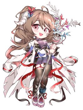 Rule 34 | 1girl, ahoge, ardelia (arknights), arknights, arknights: endfield, black thighhighs, brown hair, chibi, chibi only, coat, coat on shoulders, dress, eyjafjalla (arknights), full body, godgamesc2, highres, holding, holding polearm, holding weapon, horns, long coat, long hair, looking at viewer, mage staff, polearm, purple dress, red eyes, sheep girl, sheep horns, side ponytail, simple background, sleeveless, sleeveless dress, solo, staff, thigh strap, thighhighs, weapon, white background, white coat