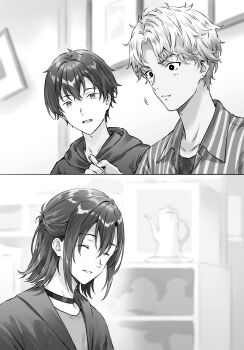 3boys asamura_yuuta closed_eyes collarbone collared_shirt commentary_request eating gimai_seikatsu greyscale half_updo highres hiten_(hitenkei) male_focus monochrome multiple_boys novel_illustration official_art open_mouth second-party_source shirt short_hair smile striped_clothes striped_shirt vertical-striped_clothes vertical-striped_shirt