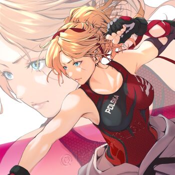 1girl armpit_crease bare_shoulders black_gloves blonde_hair blue_eyes breasts commentary elbow_pads english_commentary fingerless_gloves floating_hair gloves hairband highres karate large_breasts lidia_sobieska martial_arts_belt medium_breasts mismatched_eyebrows polish_text ponytail red_hairband scar scar_across_eye scar_on_face single_elbow_pad solo tekken tekken_8 toned toned_female twitter_username upper_body watermark yuumura_ch zoom_layer