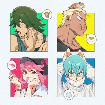 1girl 3boys animal_pose black_shirt blonde_hair blue_hair covered_mouth dark-skinned_male dark_skin dog earrings frog gamagoori_ira glasses green_eyes green_hair hair_between_eyes hat highres inumuta_houka jakuzure_nonon jewelry kill_la_kill looking_at_viewer monkey multiple_boys pink_eyes pink_hair qin_(7833198) sanageyama_uzu shirt skull_print snake sweater tank_top turtleneck turtleneck_sweater upper_body white_shirt wolf