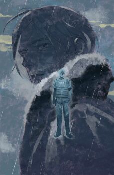 1boy facial_hair highres jacket leon_s._kennedy male_focus old old_man police police_uniform rain resident_evil resident_evil_2 resident_evil_requiem solo xianyu_chuan