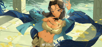 1girl ali_shanshandian bindi black_choker black_hair blue_coat blue_shawl breasts choker cleavage coat cropped_shirt facial_mark forehead_mark hair_ornament hands_up highres kaalaa_baunaa large_breasts long_hair looking_at_viewer navel pants pillar purple_eyes reverse:1999 ring_hair_ornament shawl shirt sketch solo stomach tile_floor tiles upper_body water watermark weibo_watermark yellow_shirt yoga_pants