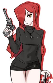 1girl ayaanalien02 covered_navel cowboy_shot cross cross_necklace gun hair_over_one_eye half-closed_eyes handgun highres holding holding_gun holding_pistol holding_weapon jewelry krieg_(skullgirls) luger_p08 necklace parasoul_(skullgirls) red_hair skirt solo sweater thigh_gap turtleneck turtleneck_sweater weapon yellow_eyes