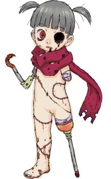 1girl 4n amputee barefoot blood bottomless crazy_eyes female_focus grey_hair guro hook loli looking_at_viewer monster_girl navel no_panties one-eyed orange_eyes prosthesis pussy scar scarf short_twintails simple_background solo standing staring stitches twintails undead zombie