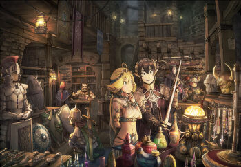 2girls 5boys absurdly_detailed_composition arm_behind_back armlet armor axe banner beard black_eyes black_hair blonde_hair bookshelf boots bottle bracelet bracer breasts brown_hair capelet counter crate cup diadem dual_wielding dwarf earrings facial_hair facial_mark fake_horns fantasy finger_to_mouth flipped_hair forehead_mark frown full_armor gloves goatee green_eyes hair_between_eyes hand_to_own_mouth helmet highres holding holding_sword holding_weapon horned_helmet horns indoors jewelry lamp lantern loaded_interior long_sleeves lowleg mace medium_breasts midriff mug multiple_boys multiple_girls navel necklace open_mouth orange_hair original overalls parted_lips pauldrons perfume_bottle pointy_ears ponytail railing revealing_clothes ring scabbard scar scar_on_face scenery see-through_clothes sheath sheathed shield shop short_hair short_twintails shoulder_armor spiked_helmet spiked_mace spikes squatting standing stone_wall sword tent_(pabell) treasure_chest twintails unworn_headwear unworn_helmet unworn_jewelry unworn_necklace wall weapon weapon_shop wooden_floor