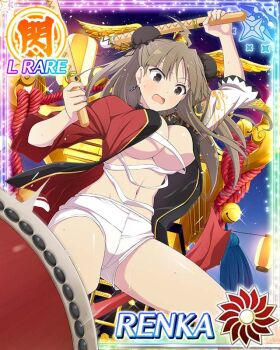 1girl ahoge border breasts brown_eyes brown_hair bun_cover card_(medium) character_name chest_sarashi cleavage double_bun drum drumming drumsticks earrings game_cg hair_bun holding holding_drumsticks instrument jewelry large_breasts lightning_ahoge long_hair navel night official_art open_happi parted_bangs red_happi renka_(senran_kagura) sarashi senran_kagura senran_kagura_new_wave shorts solo summer_festival taiko_drum undone_sarashi white_shorts