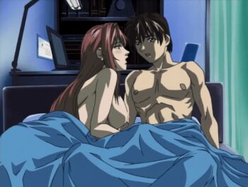 00s 1boy 1girl 2002 abs age_difference animated animated_gif anime_screenshot bed bed_sheet bible_black blush breasts brown_hair computer curtains earrings handjob hetero jewelry laptop large_breasts long_hair lowres minase_taki muscular muscular_male naked_sheet nipples nude older_female_and_younger_male pectorals penis red_hair short_hair takashiro_hiroko teacher_and_student uncensored under_covers