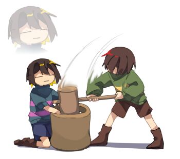 Rule 34 | 2others, blue sweater, boots, brown boots, chara (undertale), closed mouth, collared sweater, food, frisk (undertale), green sweater, hammer, holding, holding hammer, kneeling, long sleeves, major injury underreaction, mochi, mochitsuki, multiple others, nisess 42, other focus, punishment, sweater, swinging weapon, undertale, utdr (toby fox), white background