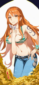 1girl 777._(pixiv) absurdres bangle banknote bare_shoulders belt bikini bikini_top_only blue_pants bracelet breasts cleavage closed_mouth coin commentary denim earrings feet_out_of_frame gold_coin green_bikini groin hand_on_own_hip highres holding holding_money jeans jewelry large_breasts log_pose long_hair looking_at_viewer money nami_(one_piece) nami_(one_piece)_(return_to_sabaody) navel official_alternate_costume one_piece orange_eyes orange_hair pants pearl_earrings shoulder_tattoo sidelocks solo stomach swimsuit tattoo wavy_hair