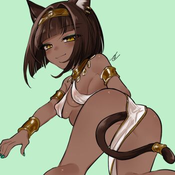 1girl all_fours anal anal_beads anal_object_insertion anal_tail ancient_egyptian_clothes animal_ears aqua_nails armlet ass blush bob_cut breasts brown_hair butt_plug cat_ears cat_girl covered_erect_nipples dark-skinned_female dark_skin fake_tail green_background hairband brown_egyptian_cat-eared_loli_(trend) jewelry loli looking_at_viewer looking_back medium_hair mugimaro35 nail_polish object_insertion original sex_toy small_breasts smile solo tail vambraces yellow_eyes