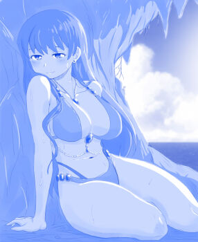 1girl arato_nagi armpit_crease bikini blue_theme blush breasts cleavage closed_mouth cloud ear_piercing earrings gem glint highres horizon jewelry large_breasts long_hair looking_at_viewer monochrome navel ocean outdoors piercing ruri_no_houseki sitting smile stud_earrings swimsuit viperxtr wet