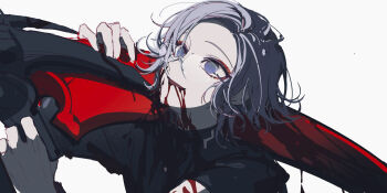 1boy accookie aotsuki_eito bleeding blood blood_from_mouth empty_eyes eyeliner gakuran glasses gloves grey_hair grin highres holding holding_scythe holding_weapon jacket last_defense_academy_school_uniform looking_up makeup male_focus no_pupils open_mouth red_eyeliner scene_reference school_uniform scythe short_hair simple_background smile solo suicide the_hundred_line_-last_defense_academy- upper_body weapon white_background white_gloves
