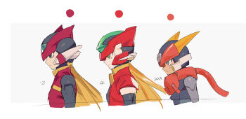 3boys armor blonde_hair dark-skinned_male dark_skin forehead_jewel from_side grey_(mega_man) helmet highres jacket long_hair male_focus mayutsuba_mono mega_man_(series) mega_man_zero_(series) mega_man_zx mega_man_zx_advent model_a_(mega_man) model_zx_(mega_man) multiple_boys profile red_armor red_helmet red_jacket upper_body vent_(mega_man) zero(z)_(mega_man) zero_(mega_man)
