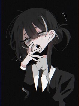 1girl black_background black_hair black_necktie black_suit collared_shirt commentary_request formal_clothes grey_eyes necktie original portrait sharp_teeth shirt short_hair simple_background solo suit tabun_ningen teeth white-framed_eyewear