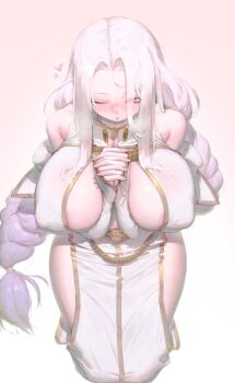 1girl :o absurdres arm_between_breasts armpit_crease arms_up between_breasts blush braid braided_twintails breasts brown_background cleavage_cutout clothing_cutout commentary covered_erect_nipples curtained_hair dress eseupidi98698 eyelashes eyes_visible_through_hair from_above full_body gold_trim gradient_hair hair_over_one_eye hair_over_shoulder hair_tie hands_up heart highres huge_breasts interlocked_fingers kneeling long_bangs long_dress long_hair long_sleeves looking_at_viewer looking_up loving_aura multicolored_hair no_bra nose_blush one_eye_closed original parted_lips purple_hair red_eyes revealing_clothes shoulder_cutout sideless_dress simple_background solo variant_set very_long_hair white_dress white_hair