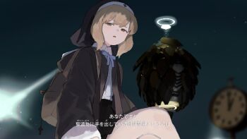 1girl analog_clock backpack bag bag_charm blonde_hair blue_ribbon charm_(object) clock cross crossed_legs drone fake_screenshot green_eyes habit halo heterochromia highres inugami_hinori_(lost_property_control_organization) lost_property_control_organization_(samidare) nun open_mouth revision ribbon robot samidare_(hoshi) shirt subtitled translated white_shirt yellow_eyes