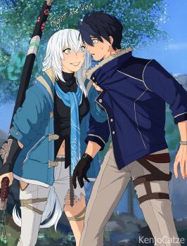 1boy 1girl absurdres artist_name asymmetrical_legwear blue_eyes blue_scarf blue_sky breasts bridal_gauntlets clothes_grab coat collar_grab commentary crossed_bangs denim double-parted_bangs eiyuu_densetsu english_commentary english_text gloves grin hair_between_eyes half_updo highres holding holding_sword holding_weapon jacket jeans katana kenjocatze kuro_no_kiseki kuro_no_kiseki_(series) kuro_no_kiseki_ii long_hair medium_breasts multicolored_hair navel neckwear_grab open_clothes open_coat outdoors pants parted_lips pommel_tassel rope scarf shimenawa shizuna_rem_misurugi short_hair single_glove sky smile sweatdrop sword tassel torn_clothes torn_jeans torn_pants two-tone_hair upper_body van_arkride watermark weapon white_hair wing_collar wristband