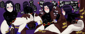 1girl 2boys ahegao anal anatomical_nonsense anus ass ass_grab bad_anatomy blush breasts clenched_teeth clothed_female_nude_male clothed_sex clothing_aside cum dark-skinned_male dark_skin dc_comics double_penetration ejaculation english_text female_ejaculation female_orgasm forced forced_orgasm forehead_jewel full_nelson group_sex guided_penetration hetero highres huge_penis interracial jlullaby large_breasts leotard leotard_aside mmf_threesome multiple_boys multiple_penetration naughty_face nude open_mouth orgasm pale_skin penis purple_eyes purple_hair pussy raven_(dc) rolling_eyes saliva seductive_gaze sequential sex short_hair smile spread_ass sweat tears teen_titans teeth text_focus threesome tongue tongue_out trembling uncensored vaginal x-ray