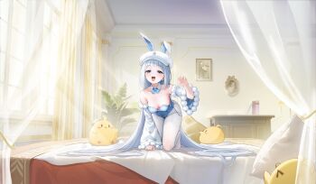 >:p 1girl :p animal_ears artist_request azur_lane blue_bow blue_bowtie blue_eyes blue_leotard bow bowtie breasts check_artist claw_pose closed_eyes covered_navel detached_collar detached_sleeves dmitri_donskoi_(azur_lane) dmitri_donskoi_(bedside_bunny)_(azur_lane) fake_animal_ears hand_up highres indoors izuru_(timbermetal) leotard long_hair manjuu_(azur_lane) non-web_source official_art open_mouth pantyhose petite playboy_bunny rabbit_ears small_breasts tongue tongue_out very_long_hair white_hair white_pantyhose
