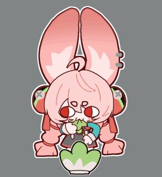 1girl ahoge animal_ear_fluff animal_ear_piercing animal_ears animated animated_gif black_dress braid braided_twintails bright_pupils commentary_request dress ear_wiggle eating furry furry_female green_shirt grey_background hair_ornament imaweedman01 korean_commentary large_ears long_hair looking_around pinafore_dress pink_fur pink_hair rabbit_ears rabbit_girl red_eyes salad screw shirt short_eyebrows simple_background sleeveless sleeveless_dress solo sphere_hair_ornament thick_eyebrows white_pupils zenless_zone_zero zhao_(zenless_zone_zero)