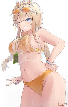 1girl bare_shoulders bikini blonde_hair blue_eyes blush bracelet braid breasts commentary english_commentary eyewear_on_head flower flower_hairband goddess_of_victory:_nikke hair_between_eyes highres jewelry lanyard large_breasts long_hair looking_at_viewer official_alternate_costume open_mouth orange_bikini randgriz96 see-through_clothes see-through_shirt shirt simple_background smile sunglasses swimsuit teeth tove_(nikke) tove_(sunblaze)_(nikke) twin_braids v white-framed_eyewear white_background