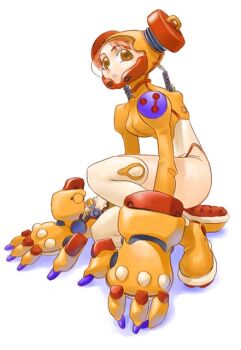 1girl archived_source bad_link blue_claws breasts brown_eyes claws colored_shoe_soles crop_top cyber_fashion diving_helmet fashion fewer_digits gloves helmet hirai_yukio leotard long_sleeves medium_breasts no_pupils on_one_knee orange_gloves orange_hair orange_helmet orange_shirt orange_shoes orange_sleeves original parted_lips science_fiction screw shadow shirt shoe_soles shoes simple_background solo thighhighs white_background white_leotard white_thighhighs