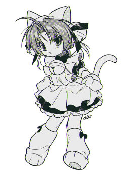 1girl ahoge animal_hat bell blush cat_hat cat_tail commentary_request dejiko di_gi_charat full_body greyscale hat highres looking_at_viewer maid menma_(enaic31) monochrome neck_bell parted_lips puffy_short_sleeves puffy_sleeves short_hair short_sleeves simple_background solo tail