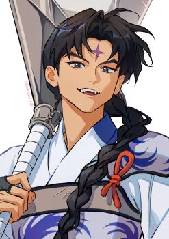 11rukawa187 1boy armor bankotsu_(inuyasha) black_hair braid commentary_request facial_mark forehead_mark grey_eyes highres holding holding_weapon huge_weapon inuyasha japanese_clothes looking_at_viewer male_focus open_mouth parted_hair pauldrons shoulder_armor simple_background single_braid single_pauldron smile solo teeth twitter_username upper_teeth_only weapon white_background