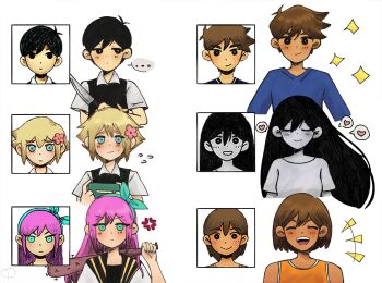 Rule 34 | ..., 2girls, 4boys, antenna hair, aubrey (faraway) (omori), aubrey (omori), averting eyes, baseball bat, basil (faraway) (omori), basil (omori), berry (extrauuberry), black eyes, black hair, black sweater vest, blonde hair, blue eyes, blue hairband, blue nails, blue sweater, book, brother and sister, brothers, brown hair, closed eyes, closed mouth, collared shirt, colored skin, commentary, dark-skinned male, dark skin, double-parted bangs, dress, english commentary, flower, flying sweatdrops, green sweater vest, hair between eyes, hair flower, hair ornament, hairband, heart, hero (faraway) (omori), hero (omori), highres, holding, holding baseball bat, holding book, holding knife, jacket, kel (faraway) (omori), kel (omori), knife, long hair, long sleeves, looking at viewer, mari (omori), mari (spirit) (omori), multiple boys, multiple girls, nail (hardware), nail bat, omori, open clothes, open jacket, open mouth, pink hair, shirt, short hair, short sleeves, siblings, sidelocks, simple background, speech bubble, spoken ellipsis, spoken heart, sunny (omori), sweat, sweater, sweater vest, teeth, tongue, upper teeth only, white background, white dress, white jacket, white shirt, white skin